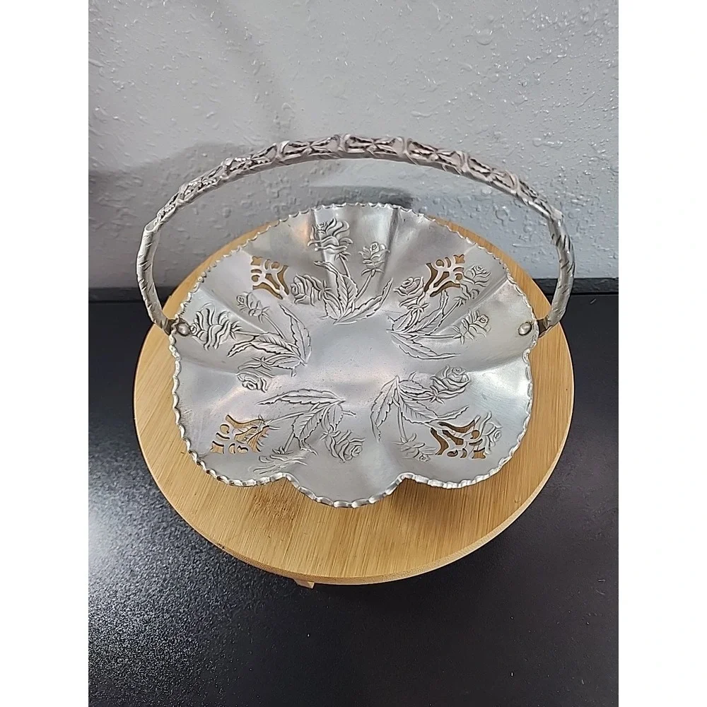 Vintage Double Aluminum Bride's Basket w/ Pierced Design, Roses & Handle Cottage
